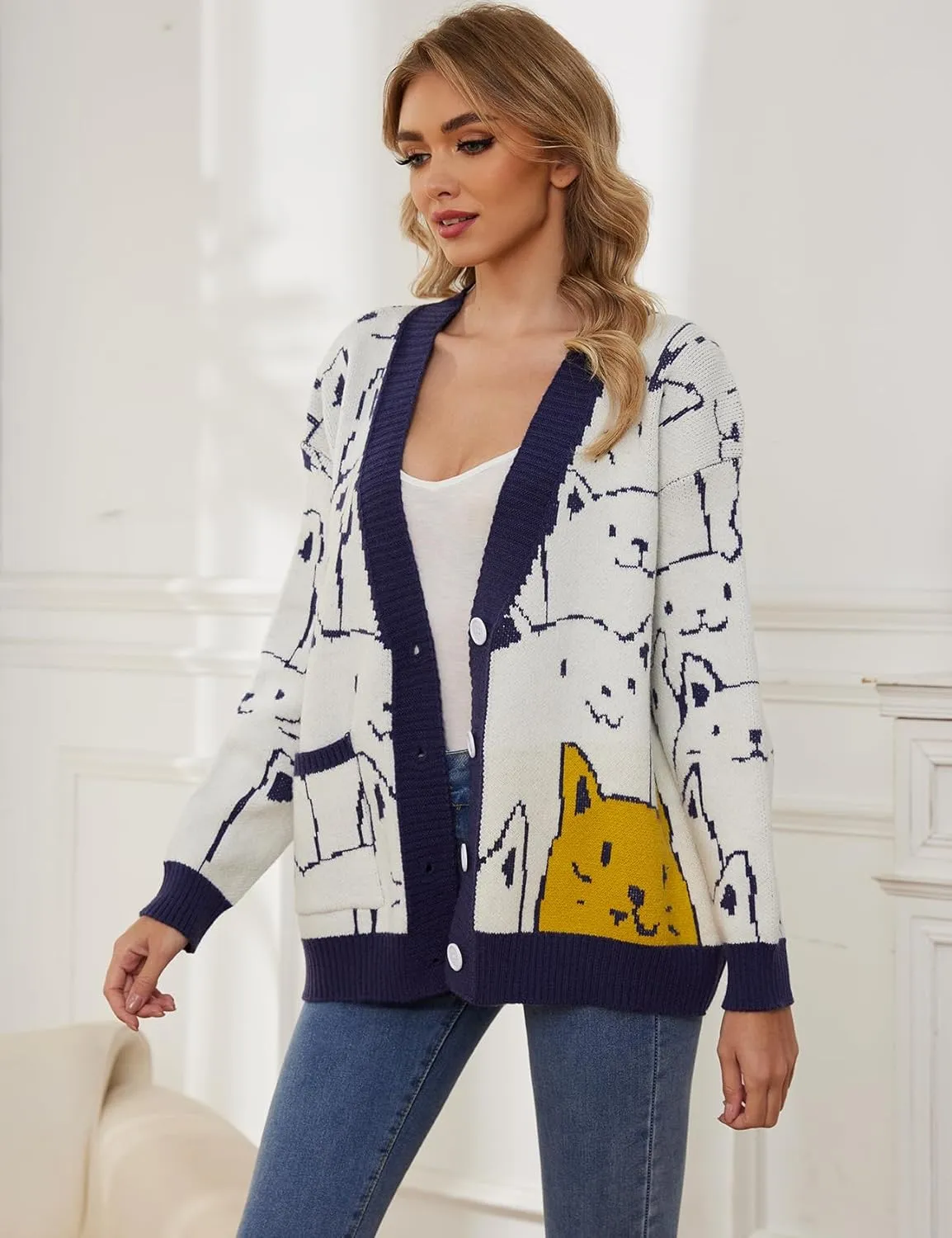 Wyeysyt Cat Sweater for Women Casual Button Down V Neck Cable Knit Cardigan Cute Kawaii Cartoon Cardigan Coat