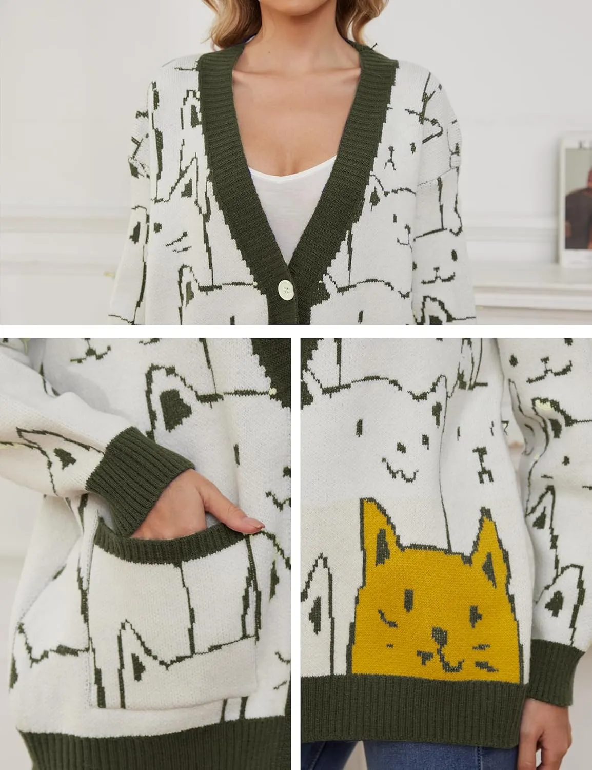 Wyeysyt Cat Sweater for Women Casual Button Down V Neck Cable Knit Cardigan Cute Kawaii Cartoon Cardigan Coat