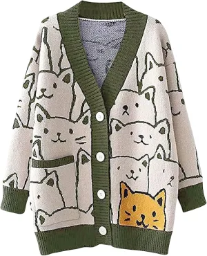 Wyeysyt Cat Sweater for Women Casual Button Down V Neck Cable Knit Cardigan Cute Kawaii Cartoon Cardigan Coat