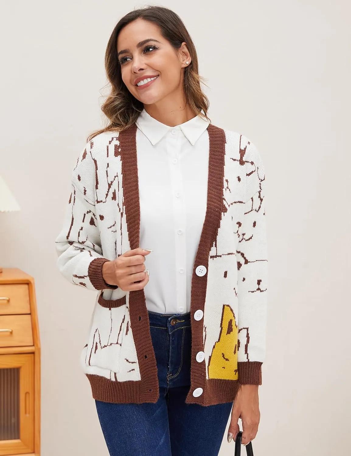 Wyeysyt Cat Sweater for Women Casual Button Down V Neck Cable Knit Cardigan Cute Kawaii Cartoon Cardigan Coat