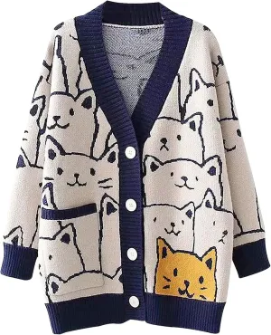 Wyeysyt Cat Sweater for Women Casual Button Down V Neck Cable Knit Cardigan Cute Kawaii Cartoon Cardigan Coat