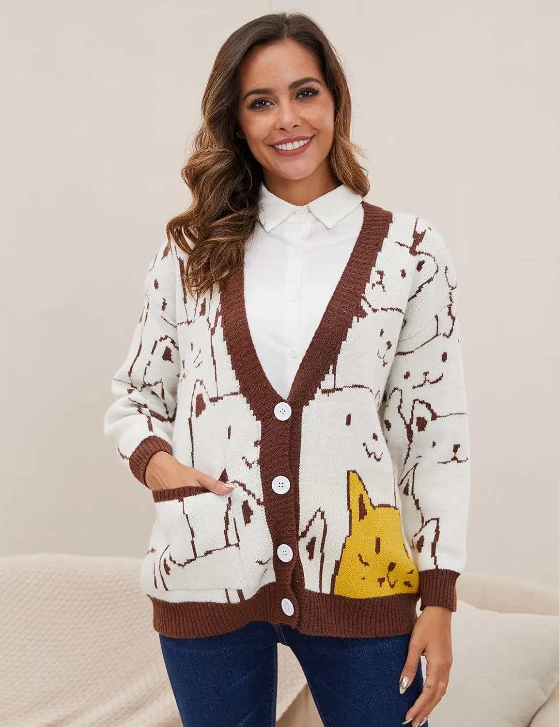 Wyeysyt Cat Sweater for Women Casual Button Down V Neck Cable Knit Cardigan Cute Kawaii Cartoon Cardigan Coat