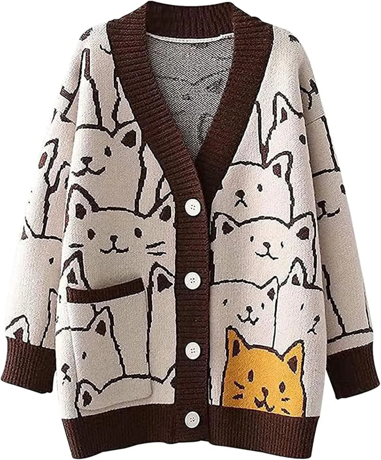 Wyeysyt Cat Sweater for Women Casual Button Down V Neck Cable Knit Cardigan Cute Kawaii Cartoon Cardigan Coat
