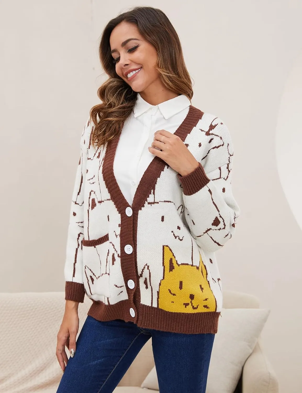 Wyeysyt Cat Sweater for Women Casual Button Down V Neck Cable Knit Cardigan Cute Kawaii Cartoon Cardigan Coat
