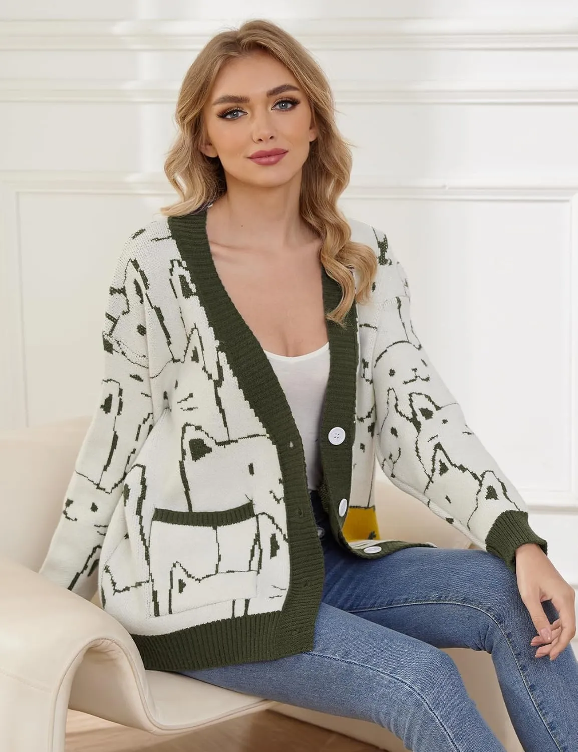 Wyeysyt Cat Sweater for Women Casual Button Down V Neck Cable Knit Cardigan Cute Kawaii Cartoon Cardigan Coat