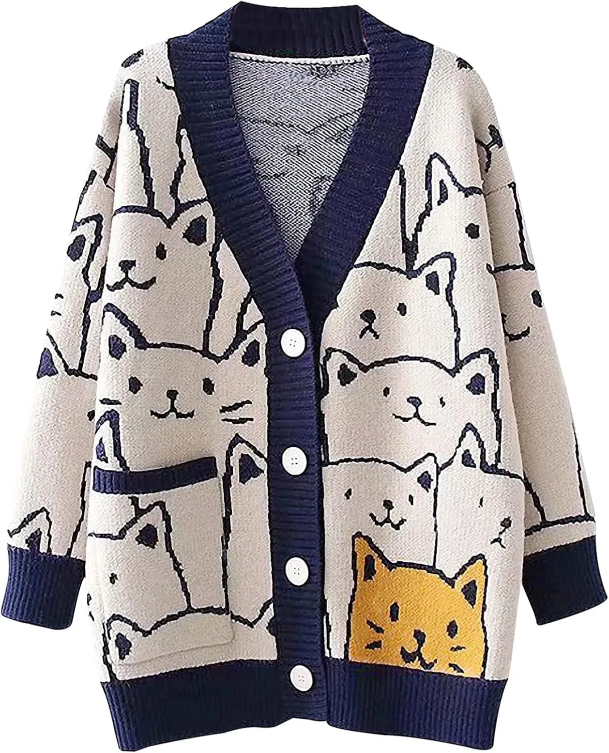 Wyeysyt Cat Sweater for Women Casual Button Down V Neck Cable Knit Cardigan Cute Kawaii Cartoon Cardigan Coat