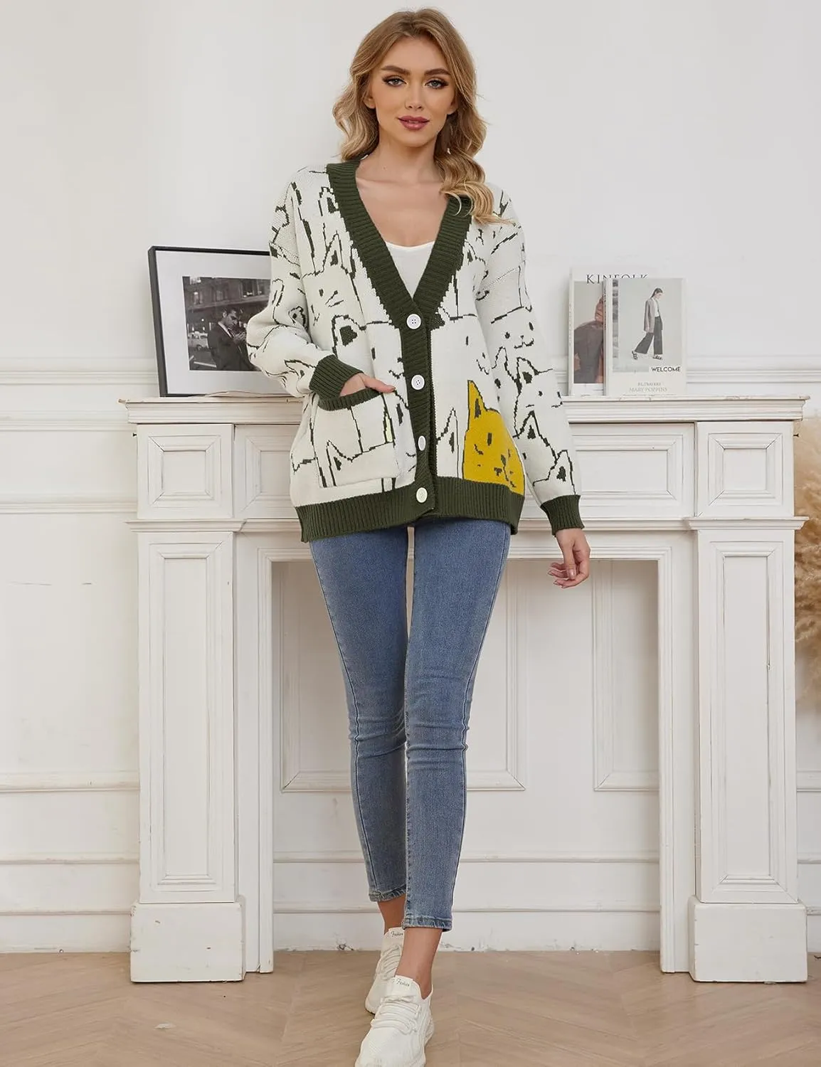 Wyeysyt Cat Sweater for Women Casual Button Down V Neck Cable Knit Cardigan Cute Kawaii Cartoon Cardigan Coat