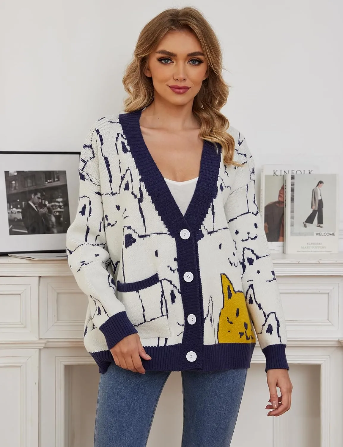 Wyeysyt Cat Sweater for Women Casual Button Down V Neck Cable Knit Cardigan Cute Kawaii Cartoon Cardigan Coat