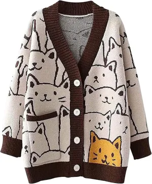 Wyeysyt Cat Sweater for Women Casual Button Down V Neck Cable Knit Cardigan Cute Kawaii Cartoon Cardigan Coat