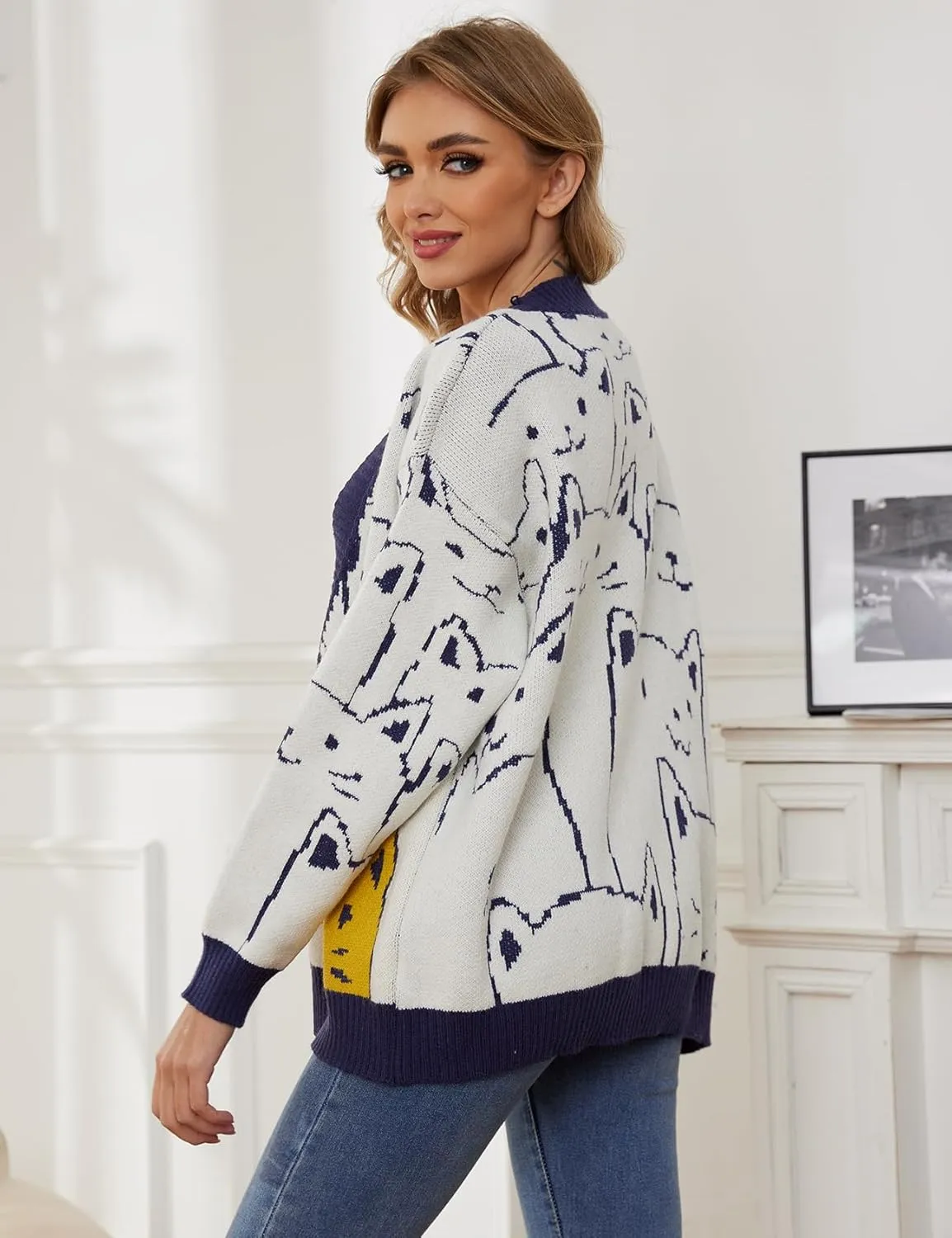 Wyeysyt Cat Sweater for Women Casual Button Down V Neck Cable Knit Cardigan Cute Kawaii Cartoon Cardigan Coat