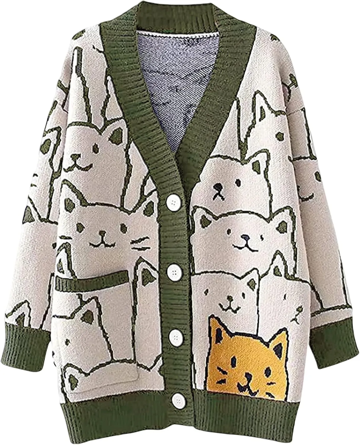 Wyeysyt Cat Sweater for Women Casual Button Down V Neck Cable Knit Cardigan Cute Kawaii Cartoon Cardigan Coat