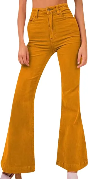 YMING Womens Corduroy Solid Color Flare Pants High Waist Bell Bottom Trousers Wide Leg Pants with Pockets