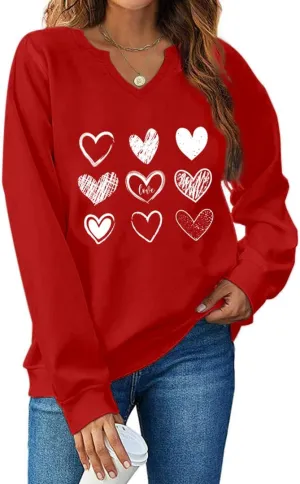 Ymoshoe Women V-Neck Valentine Sweatshirt Love Heart Elbow Patch Shirts Gift for Her