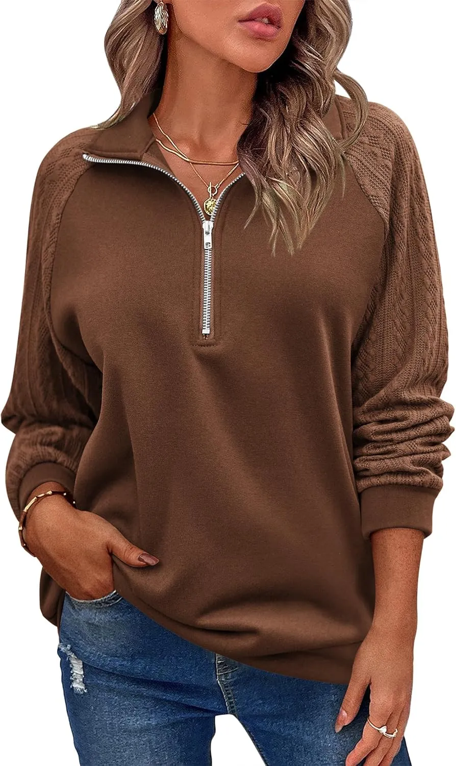 Zeagoo Women's Sweatshrits Quarter Zip Pullover Fleece Sweatshirt Casual Cable Knit Sleeve Hoodies Fashion Outfits Clothes