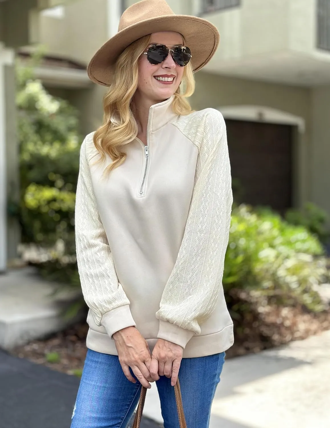 Zeagoo Women's Sweatshrits Quarter Zip Pullover Fleece Sweatshirt Casual Cable Knit Sleeve Hoodies Fashion Outfits Clothes