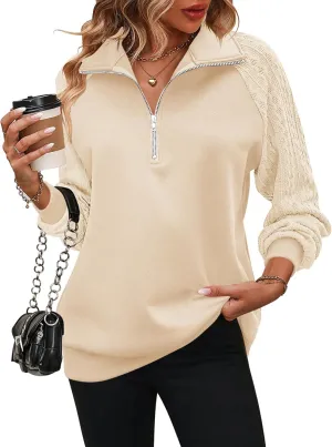 Zeagoo Women's Sweatshrits Quarter Zip Pullover Fleece Sweatshirt Casual Cable Knit Sleeve Hoodies Fashion Outfits Clothes