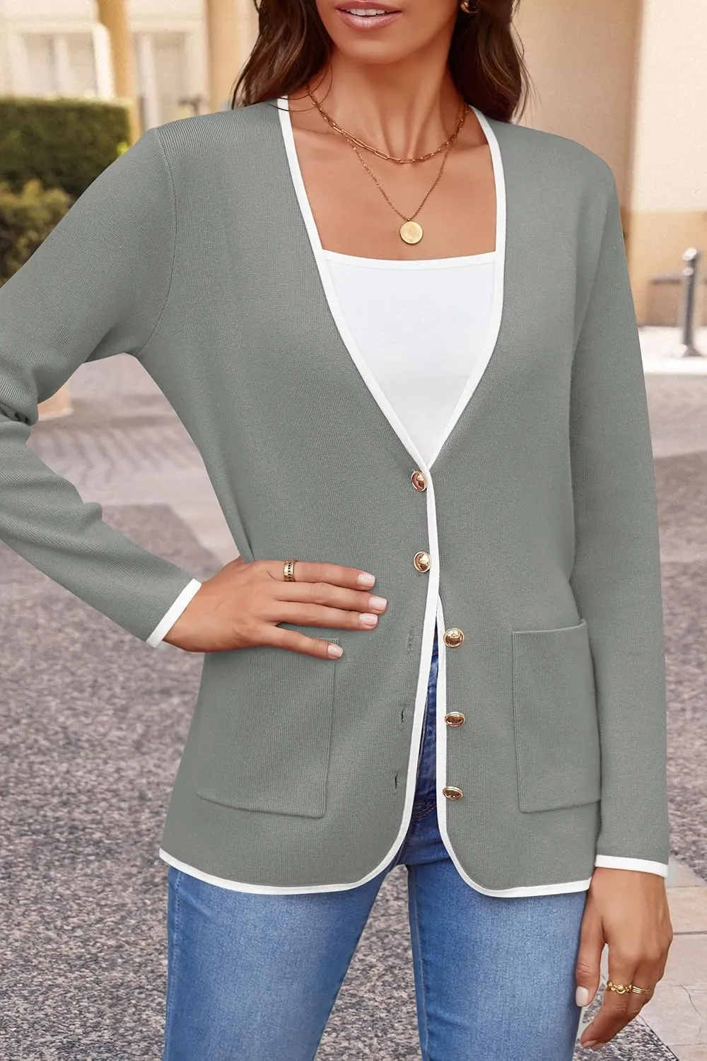 ZESICA Women's Fall Fashion Cardigan Sweaters Long Sleeve Button Open Front Color Block Coatigan with Pockets