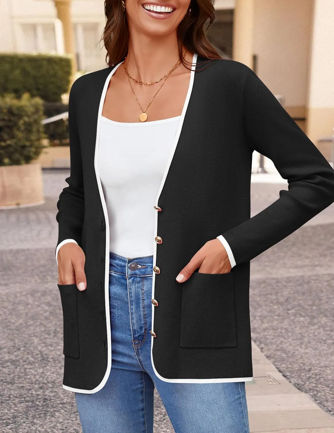 ZESICA Women's Fall Fashion Cardigan Sweaters Long Sleeve Button Open Front Color Block Coatigan with Pockets