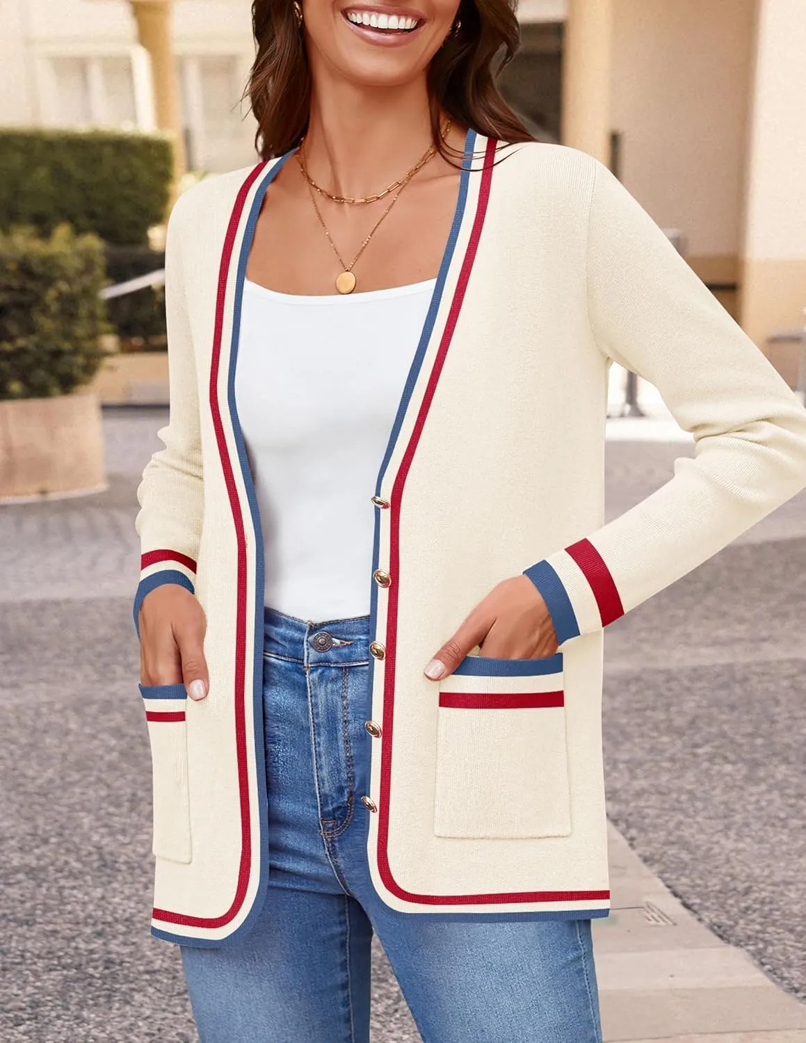 ZESICA Women's Fall Fashion Cardigan Sweaters Long Sleeve Button Open Front Color Block Coatigan with Pockets
