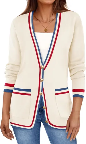 ZESICA Women's Fall Fashion Cardigan Sweaters Long Sleeve Button Open Front Color Block Coatigan with Pockets