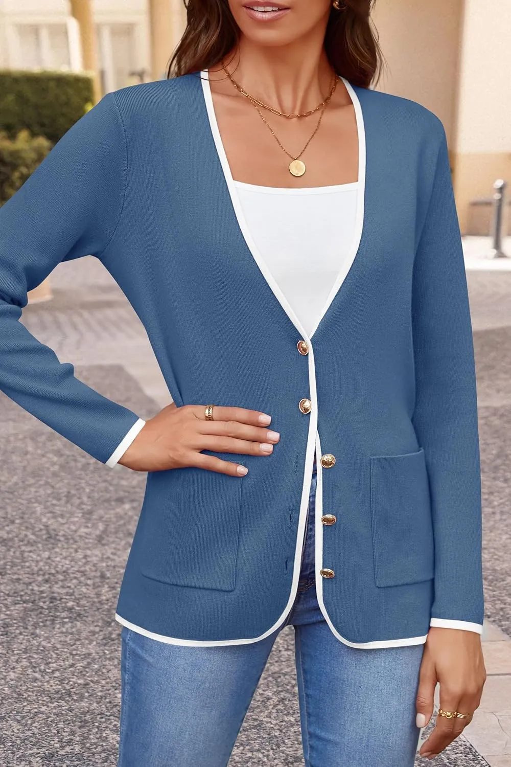 ZESICA Women's Fall Fashion Cardigan Sweaters Long Sleeve Button Open Front Color Block Coatigan with Pockets