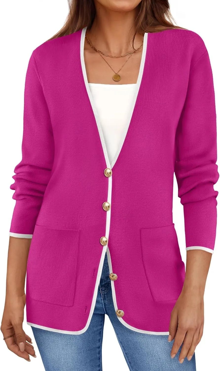 ZESICA Women's Fall Fashion Cardigan Sweaters Long Sleeve Button Open Front Color Block Coatigan with Pockets