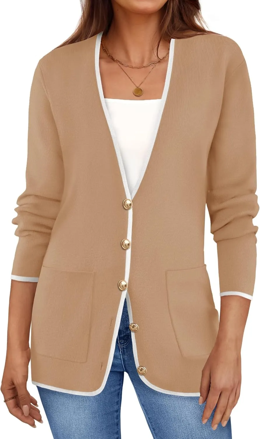 ZESICA Women's Fall Fashion Cardigan Sweaters Long Sleeve Button Open Front Color Block Coatigan with Pockets