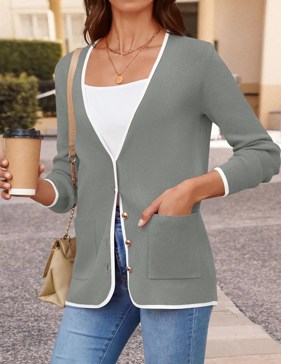 ZESICA Women's Fall Fashion Cardigan Sweaters Long Sleeve Button Open Front Color Block Coatigan with Pockets