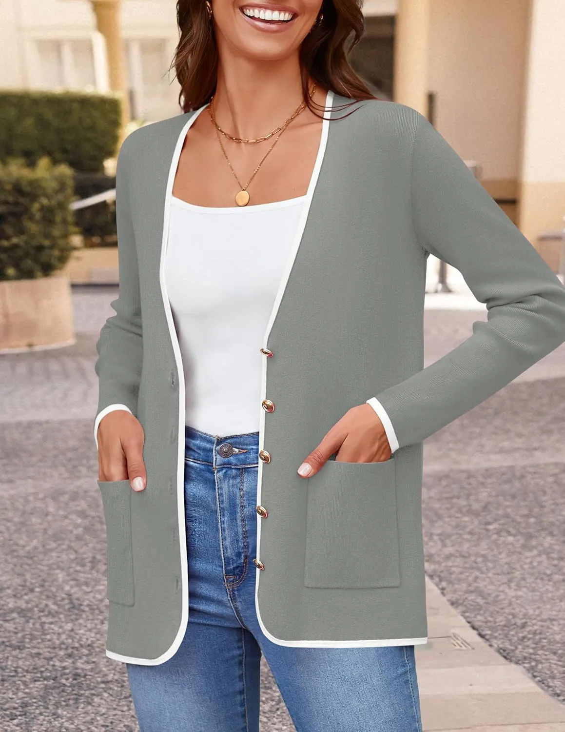ZESICA Women's Fall Fashion Cardigan Sweaters Long Sleeve Button Open Front Color Block Coatigan with Pockets