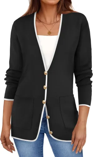 ZESICA Women's Fall Fashion Cardigan Sweaters Long Sleeve Button Open Front Color Block Coatigan with Pockets
