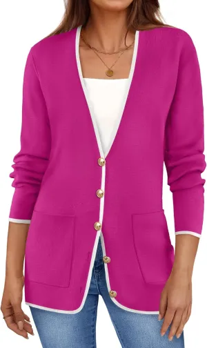ZESICA Women's Fall Fashion Cardigan Sweaters Long Sleeve Button Open Front Color Block Coatigan with Pockets