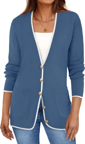 ZESICA Women's Fall Fashion Cardigan Sweaters Long Sleeve Button Open Front Color Block Coatigan with Pockets