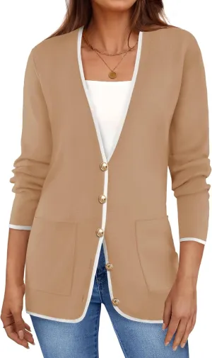 ZESICA Women's Fall Fashion Cardigan Sweaters Long Sleeve Button Open Front Color Block Coatigan with Pockets