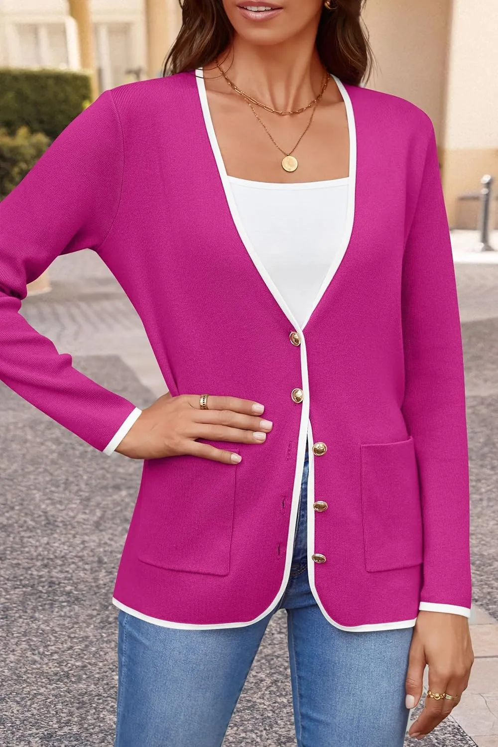 ZESICA Women's Fall Fashion Cardigan Sweaters Long Sleeve Button Open Front Color Block Coatigan with Pockets