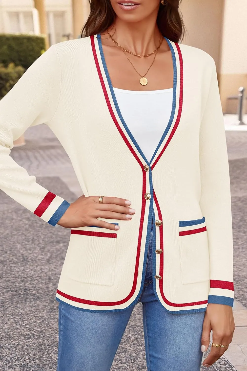 ZESICA Women's Fall Fashion Cardigan Sweaters Long Sleeve Button Open Front Color Block Coatigan with Pockets
