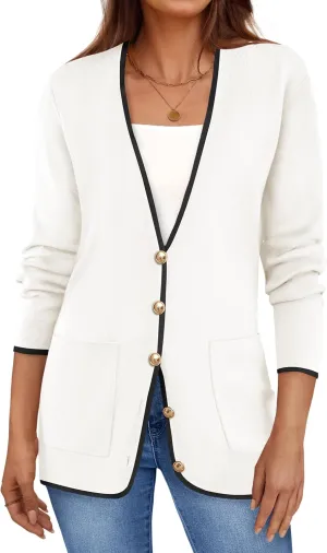 ZESICA Women's Fall Fashion Cardigan Sweaters Long Sleeve Button Open Front Color Block Coatigan with Pockets