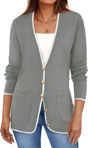 ZESICA Women's Fall Fashion Cardigan Sweaters Long Sleeve Button Open Front Color Block Coatigan with Pockets