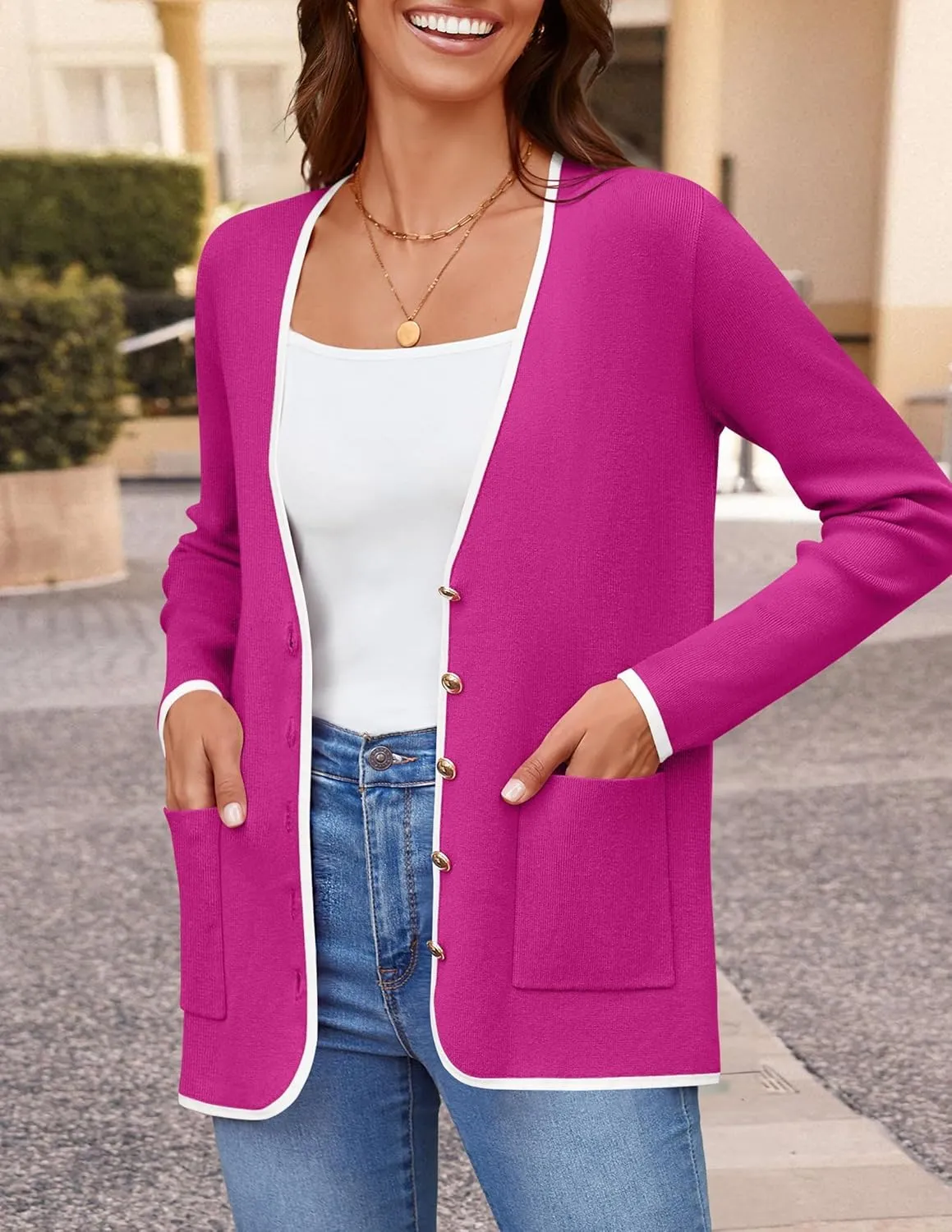ZESICA Women's Fall Fashion Cardigan Sweaters Long Sleeve Button Open Front Color Block Coatigan with Pockets