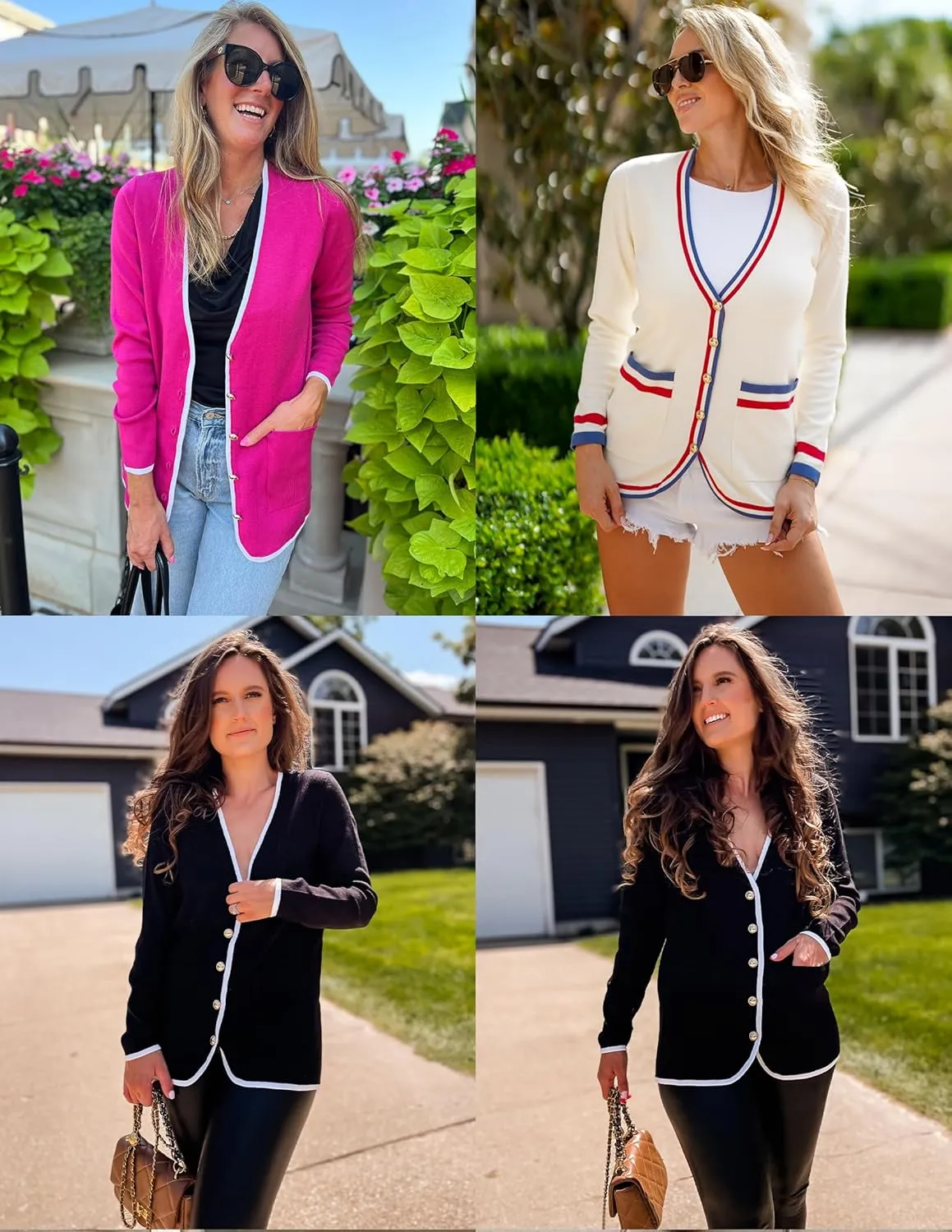 ZESICA Women's Fall Fashion Cardigan Sweaters Long Sleeve Button Open Front Color Block Coatigan with Pockets