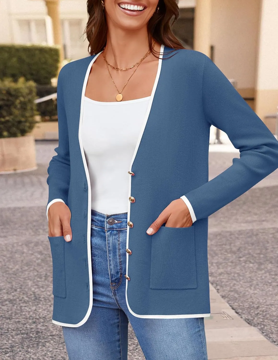 ZESICA Women's Fall Fashion Cardigan Sweaters Long Sleeve Button Open Front Color Block Coatigan with Pockets
