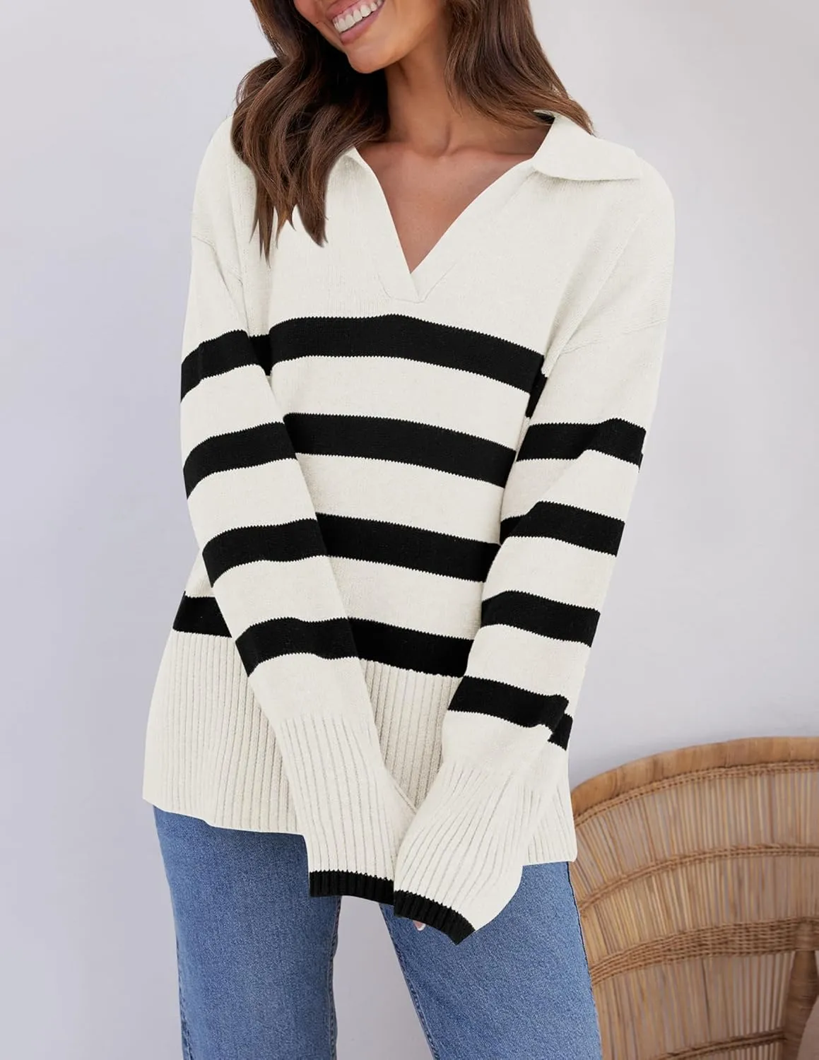 ZESICA Women's Winter Sweaters Lapel V Neck Long Sleeve Striped Chunky Knit Oversized Pullover Sweater Jumper Tops