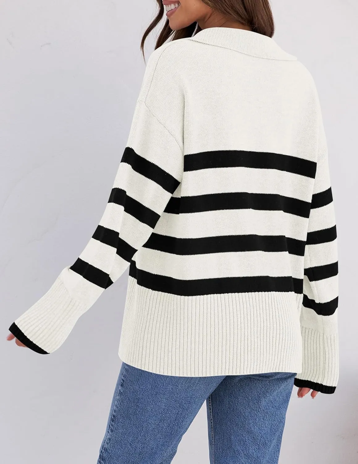 ZESICA Women's Winter Sweaters Lapel V Neck Long Sleeve Striped Chunky Knit Oversized Pullover Sweater Jumper Tops
