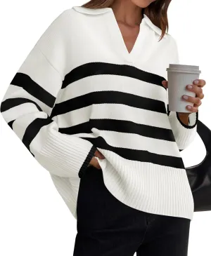 ZESICA Women's Winter Sweaters Lapel V Neck Long Sleeve Striped Chunky Knit Oversized Pullover Sweater Jumper Tops