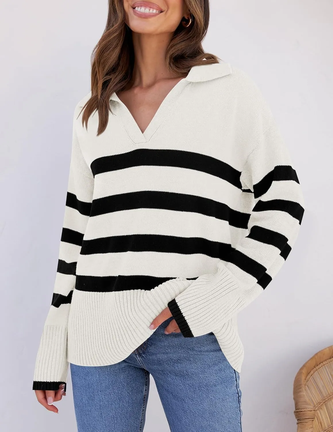 ZESICA Women's Winter Sweaters Lapel V Neck Long Sleeve Striped Chunky Knit Oversized Pullover Sweater Jumper Tops