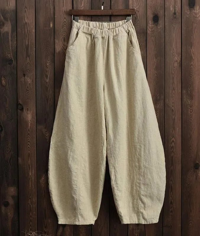 ZOCAVIA Cotton Linen Pants for Women Summer Causal Baggy Wide Leg Pants Waist Elastic Relax Fit Lantern Trouser with Pockets