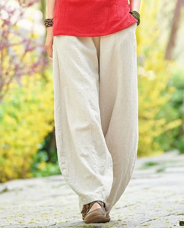 ZOCAVIA Cotton Linen Pants for Women Summer Causal Baggy Wide Leg Pants Waist Elastic Relax Fit Lantern Trouser with Pockets