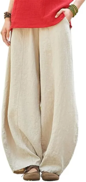 ZOCAVIA Cotton Linen Pants for Women Summer Causal Baggy Wide Leg Pants Waist Elastic Relax Fit Lantern Trouser with Pockets