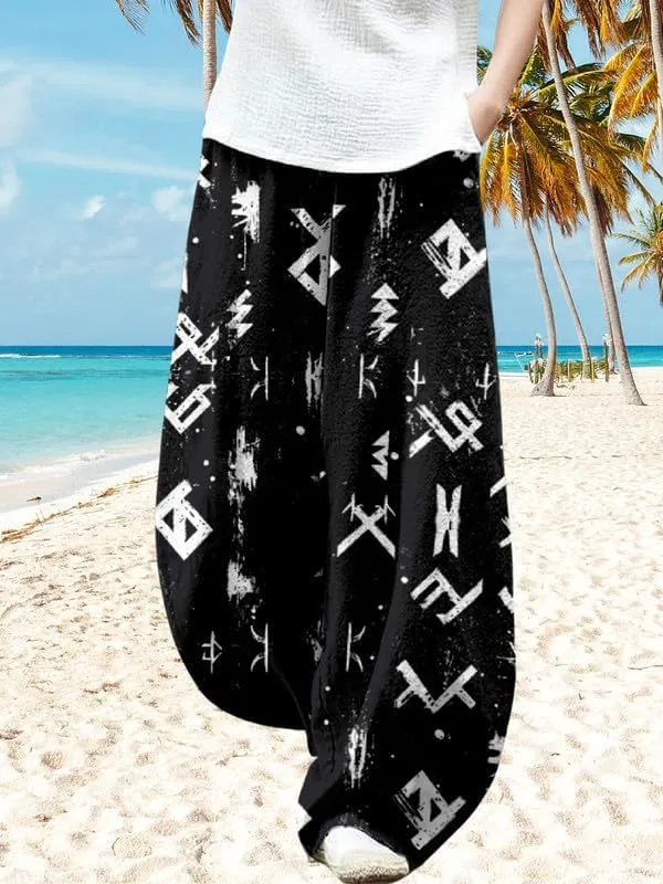 ZOCAVIA Womens Aztec Print Lantern Pants Western Causal Cotton Linen Wide Leg Pants Waist Elastic Hippie Trouser with Pockets