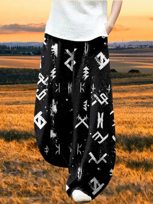 ZOCAVIA Womens Aztec Print Lantern Pants Western Causal Cotton Linen Wide Leg Pants Waist Elastic Hippie Trouser with Pockets