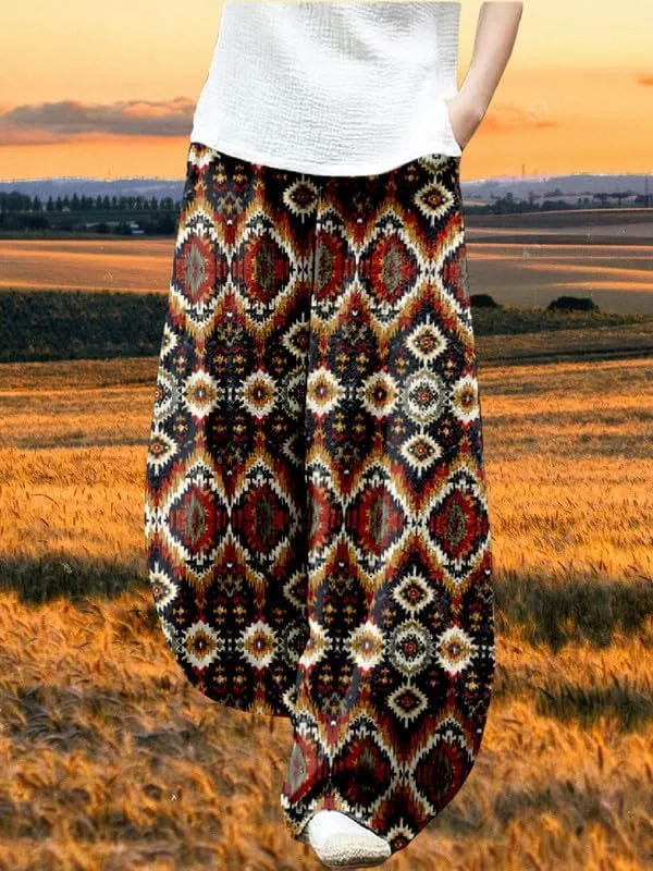 ZOCAVIA Womens Aztec Print Lantern Pants Western Causal Cotton Linen Wide Leg Pants Waist Elastic Hippie Trouser with Pockets